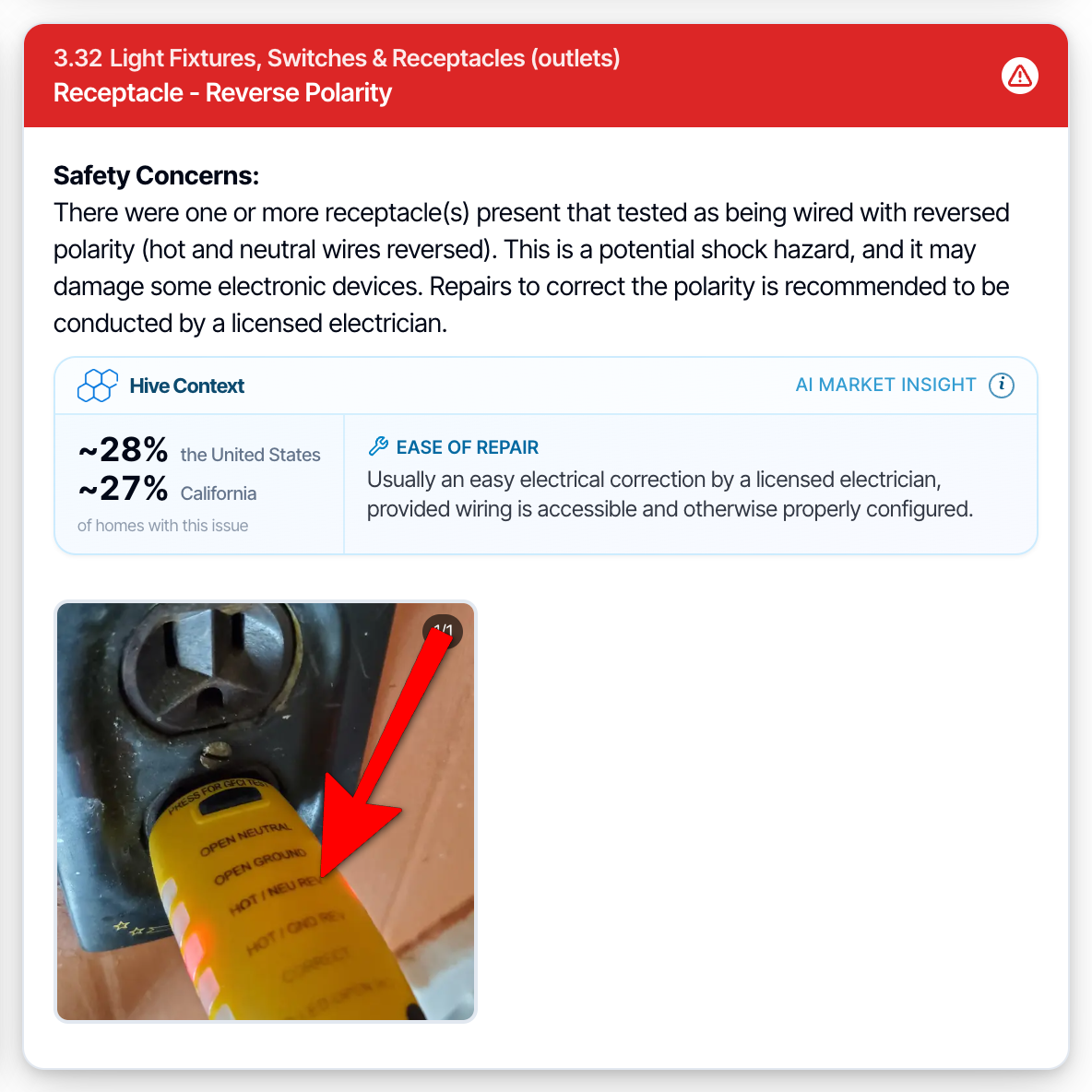 The same defect with no service label and no Find a pro button: the description and Hive Context panel are followed directly by the photo