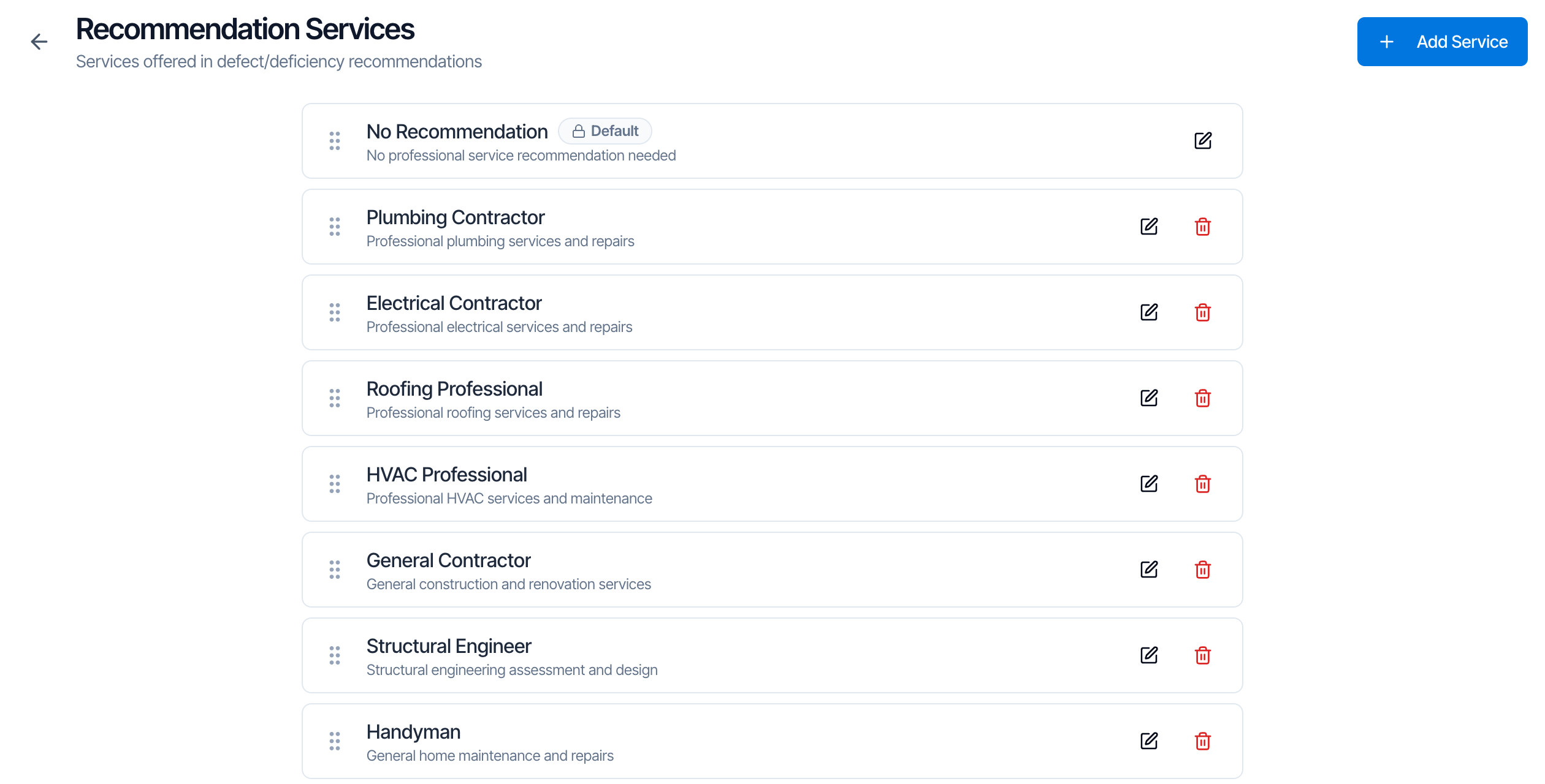 The Recommendation Services page, Services offered in defect/deficiency recommendations, with an Add Service button and a list of services, each with a drag handle, a description and edit and delete buttons: No Recommendation (marked Default, with no delete button), Plumbing Contractor, Electrical Contractor, Roofing Professional, HVAC Professional, General Contractor, Structural Engineer, Handyman, Pest Control Pro, Qualified Professional, Air Duct Cleaning and Appliance Repair