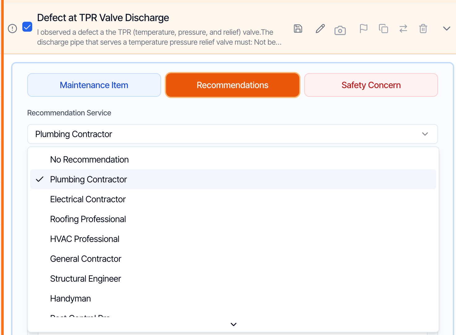 A defect comment, Defect at TPR Valve Discharge, opened in the web report editor: the Maintenance Item, Recommendations and Safety Concern buttons, and Recommendation Service set to Plumbing Contractor with the list open: No Recommendation, Plumbing Contractor (ticked), Electrical Contractor, Roofing Professional, HVAC Professional, General Contractor, Structural Engineer and Handyman