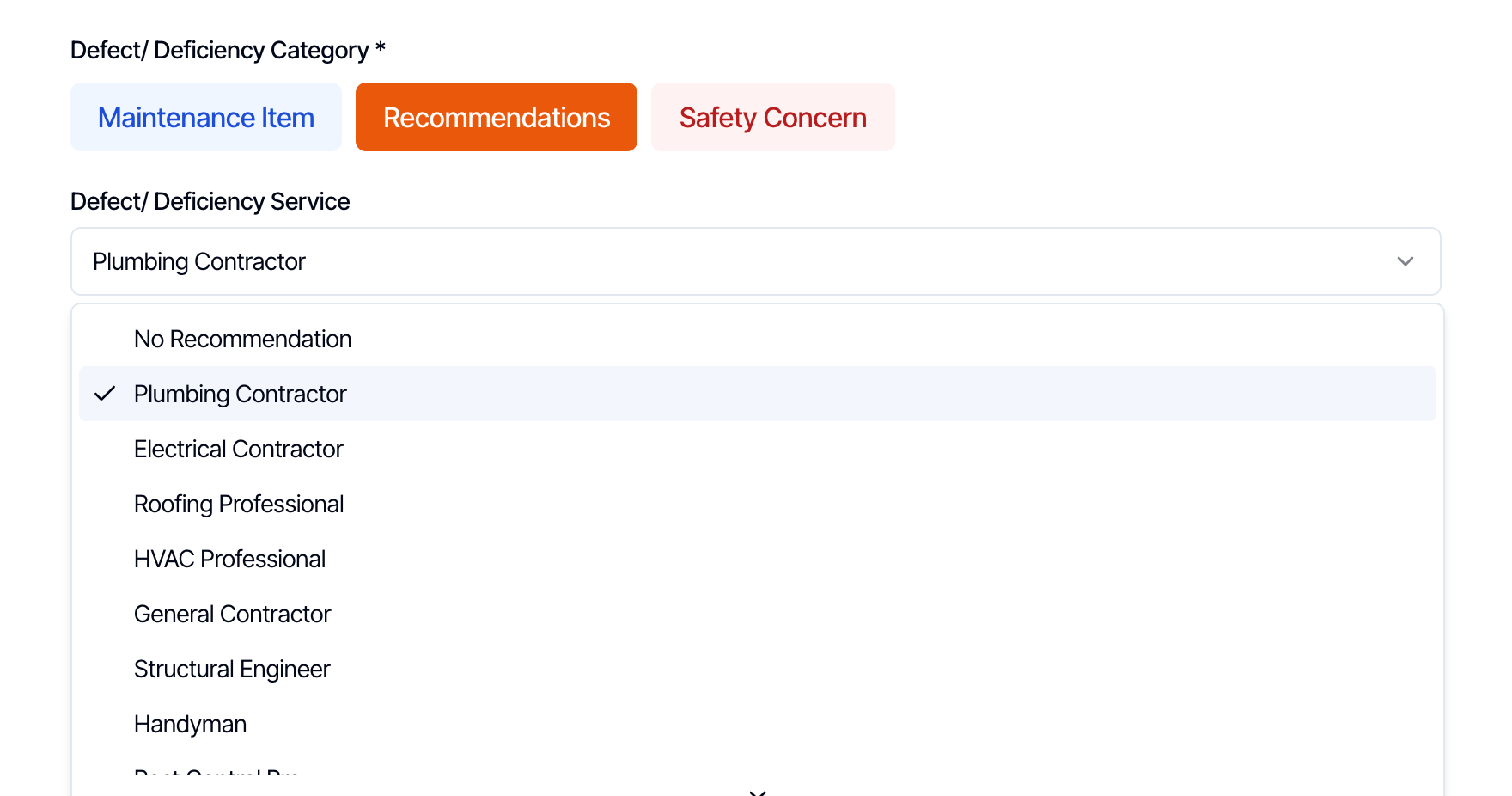 The defect comment window in the template editor: Defect/ Deficiency Category with Maintenance Item, Recommendations (selected) and Safety Concern, and Defect/ Deficiency Service set to Plumbing Contractor with the list open: No Recommendation, Plumbing Contractor (ticked), Electrical Contractor, Roofing Professional, HVAC Professional, General Contractor, Structural Engineer and Handyman