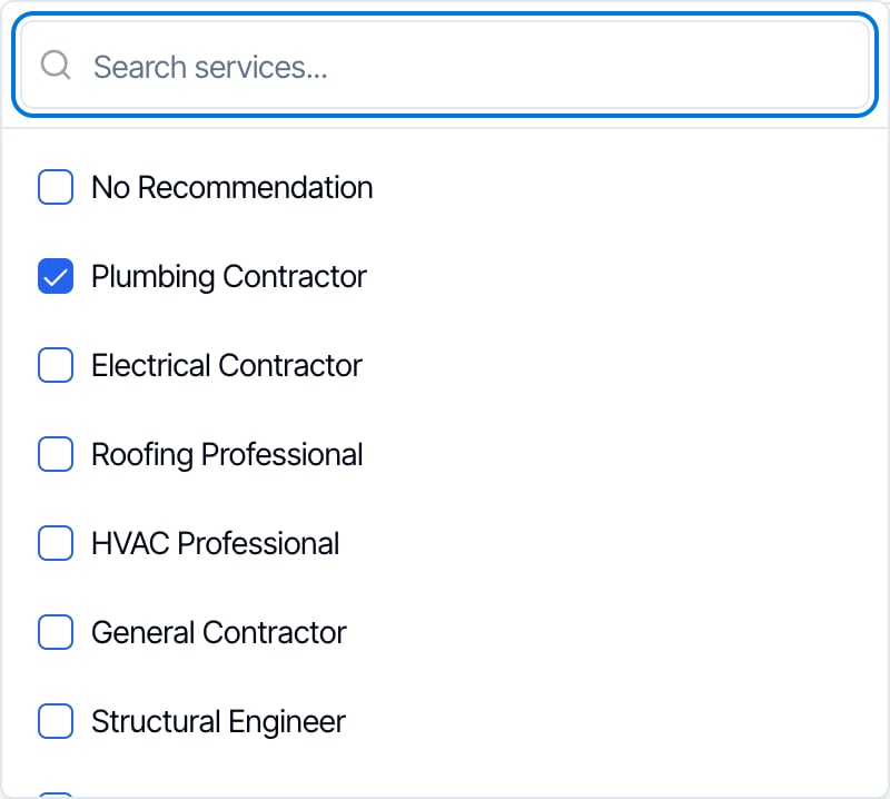 The Service Types list open: a Search services box and checkboxes for No Recommendation, Plumbing Contractor (ticked), Electrical Contractor, Roofing Professional, HVAC Professional, General Contractor and Structural Engineer