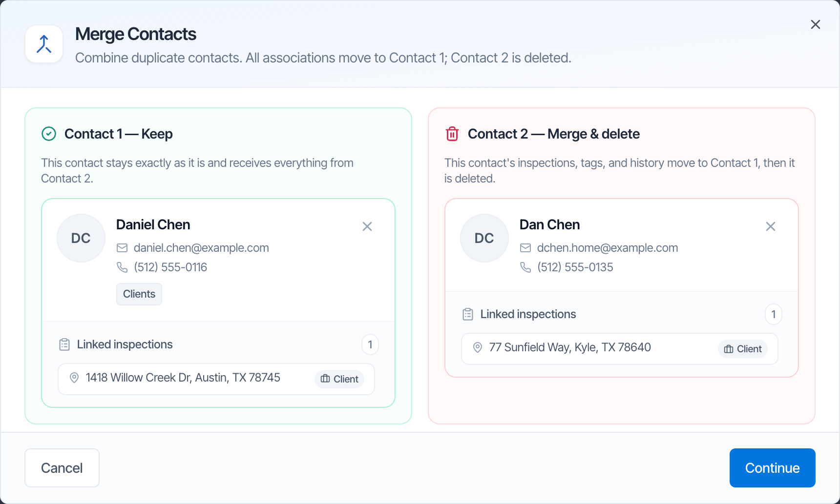 Merge Contacts: Contact 1 Keep is Daniel Chen with 1 linked inspection; Contact 2 Merge and delete is Dan Chen with 1 linked inspection; Continue button