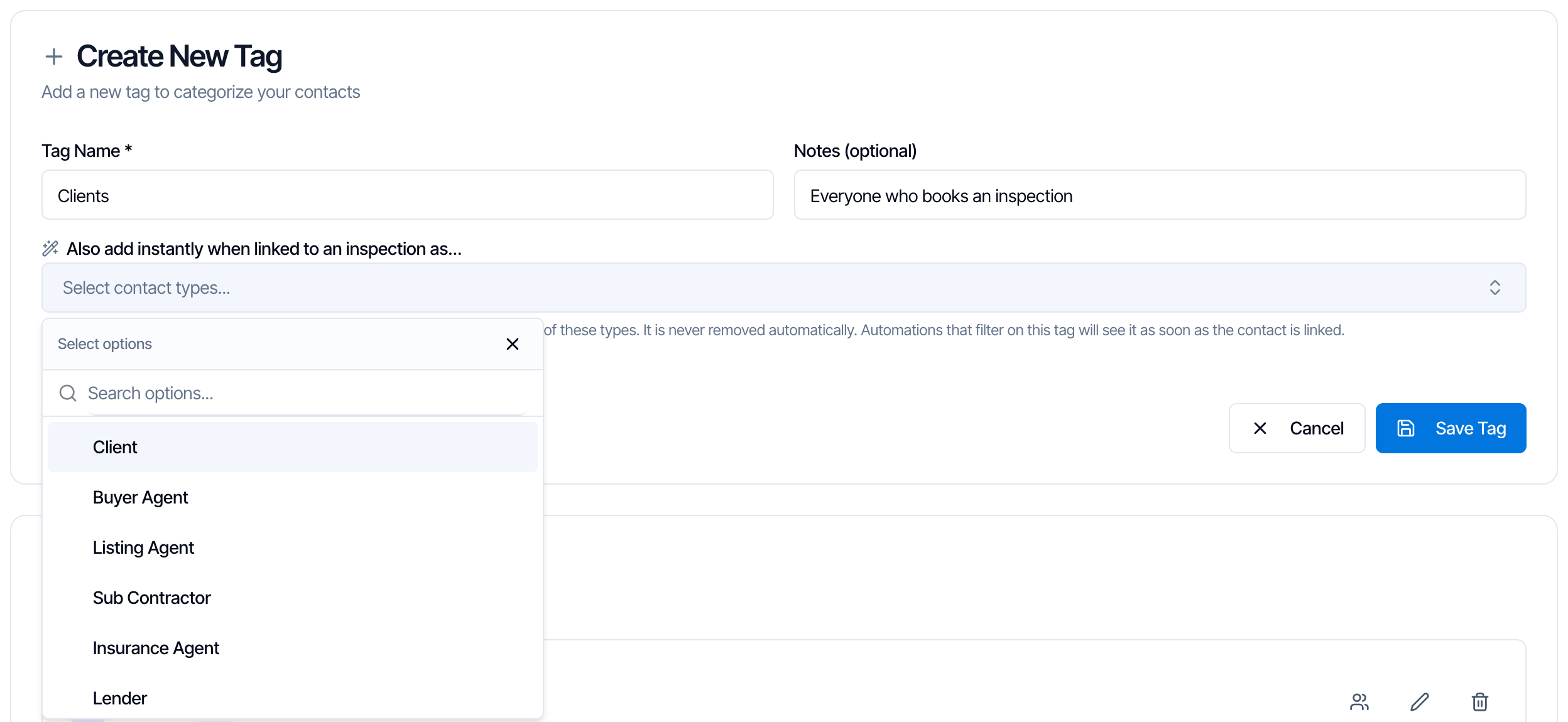 The Also add instantly when linked to an inspection as list open, showing Client, Buyer Agent, Listing Agent, Sub Contractor, Insurance Agent and Lender