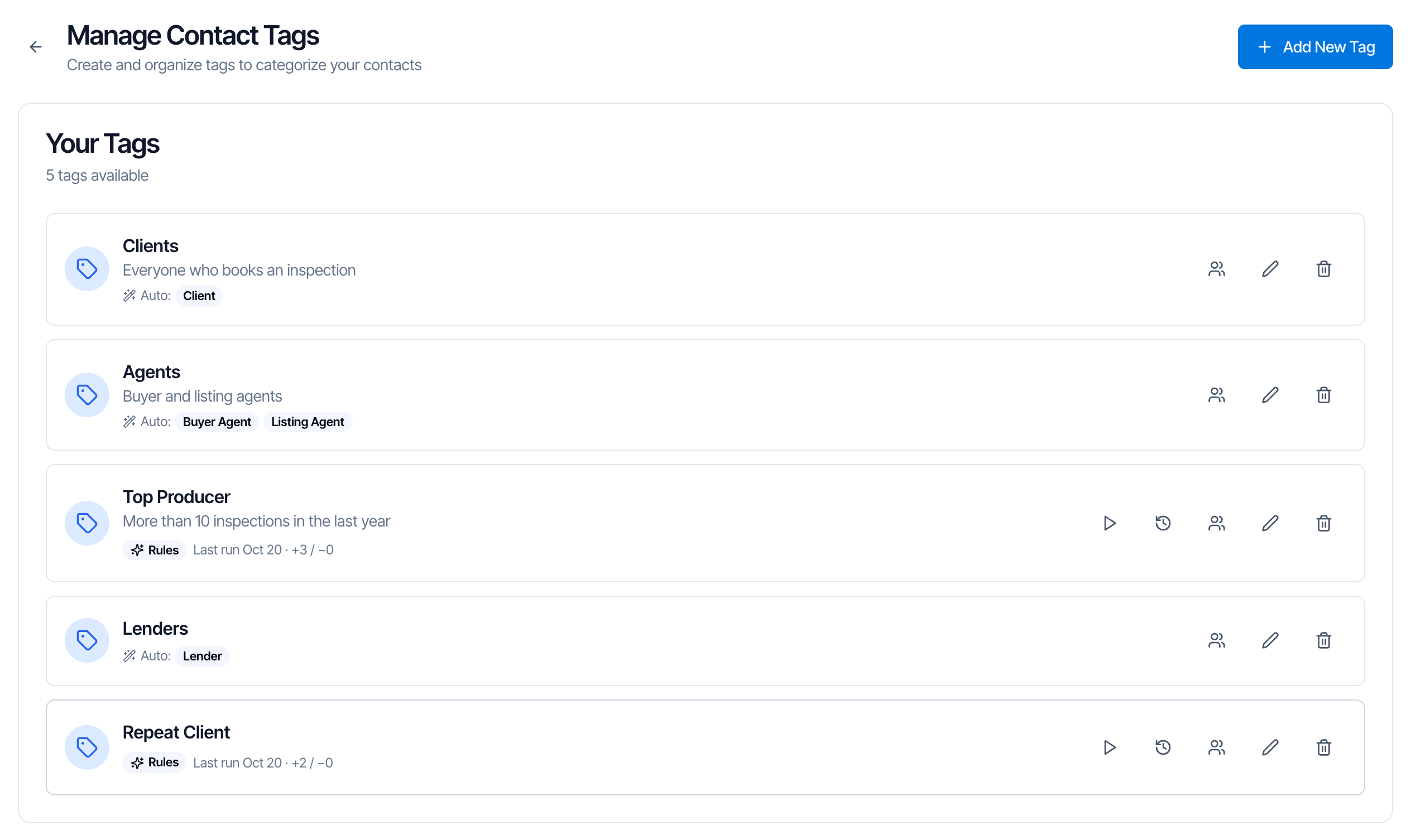 Manage Contact Tags page listing Clients, Agents, Top Producer, Lenders and Repeat Client with their notes, Auto chips and Rules badges