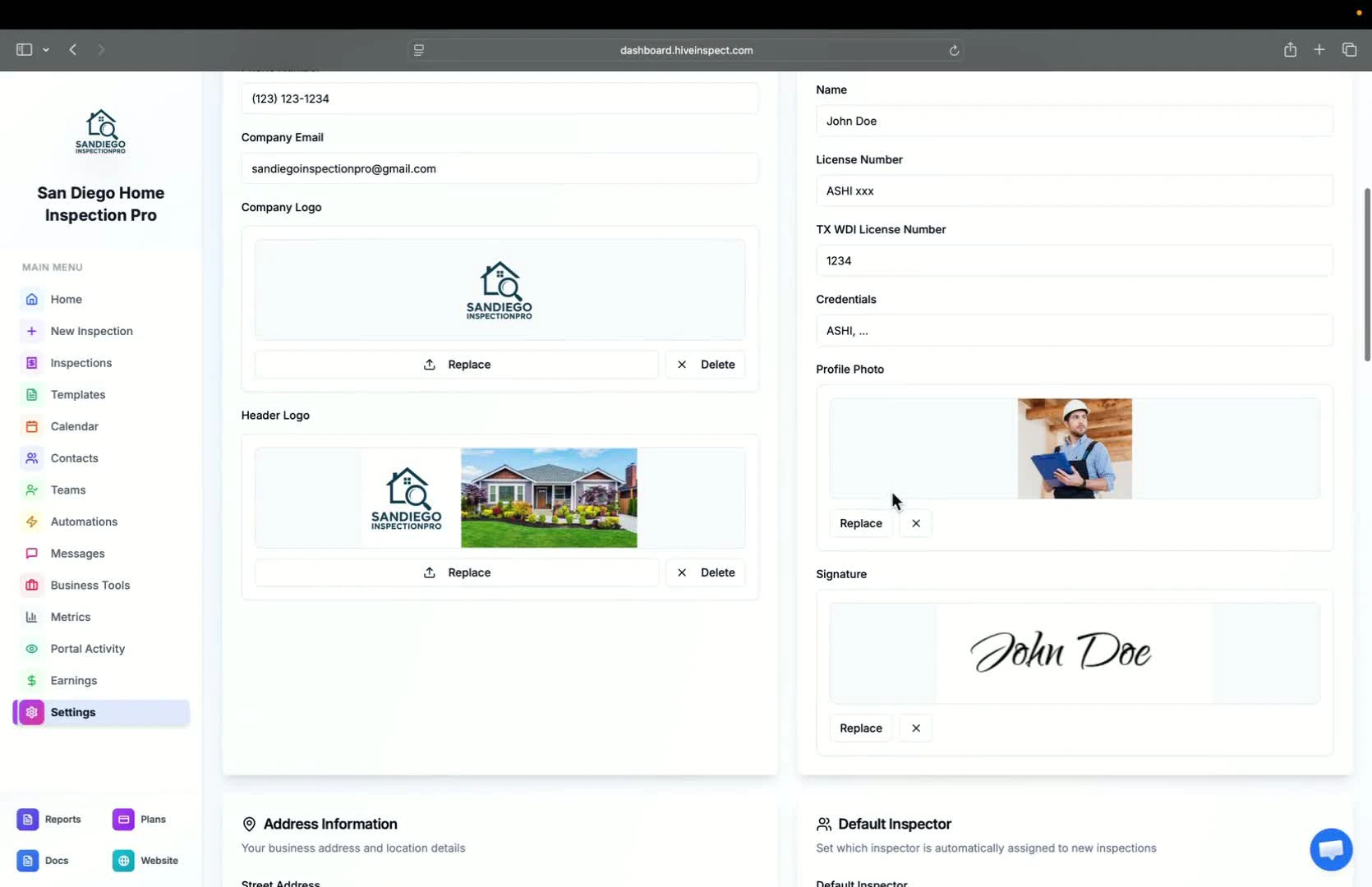 Address and privacy settings