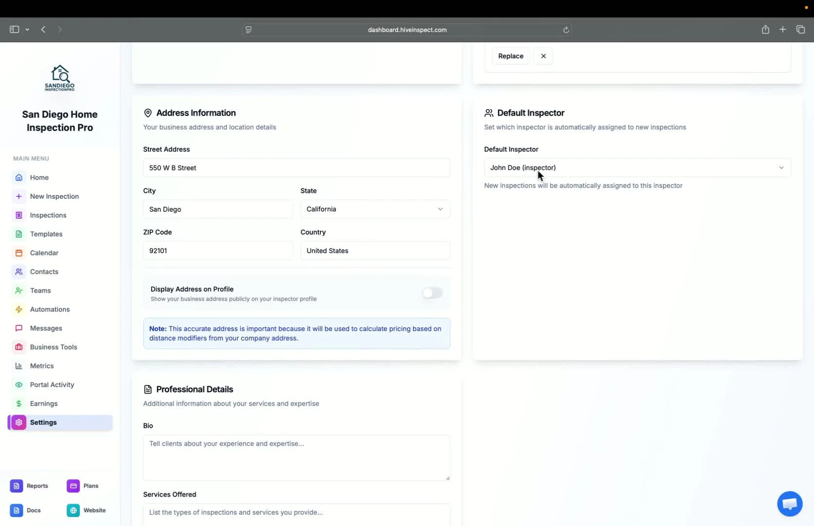 Setting default inspector