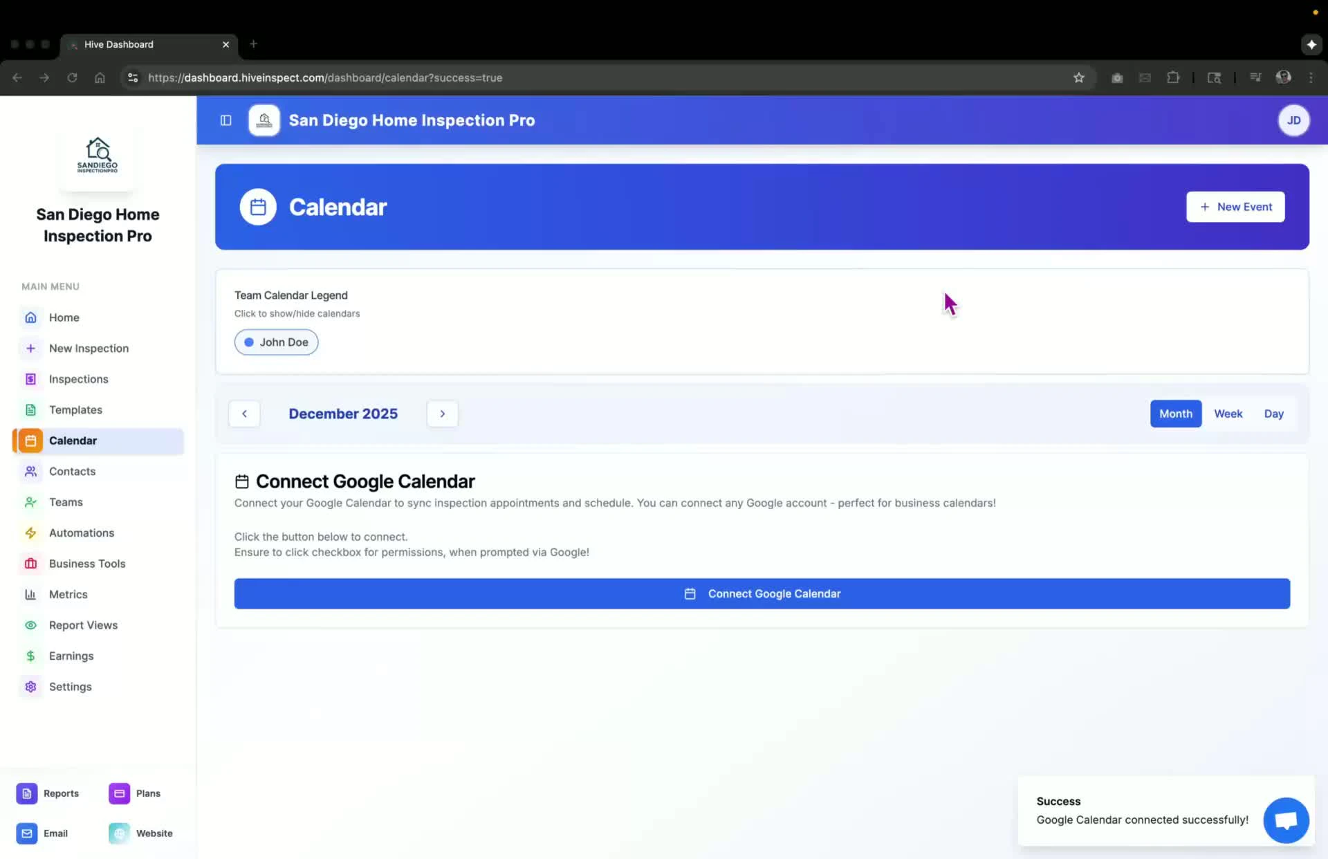Google Calendar page in Hive