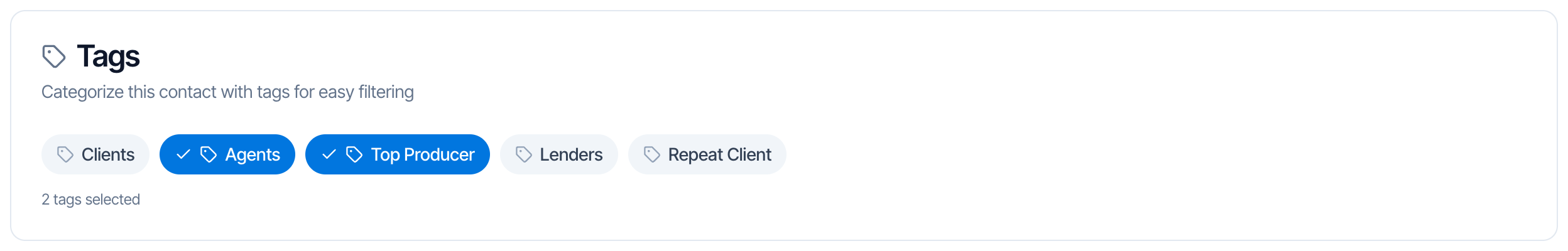 Tags section with Agents and Top Producer selected in blue, and Clients, Lenders and Repeat Client not selected; 2 tags selected