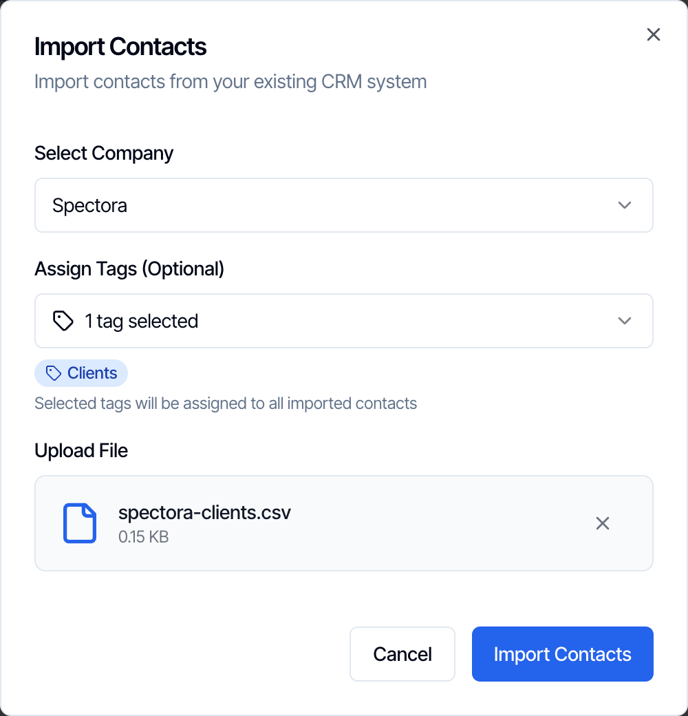 Import Contacts ready to go: Select Company Spectora, 1 tag selected (Clients), and spectora-clients.csv in Upload File
