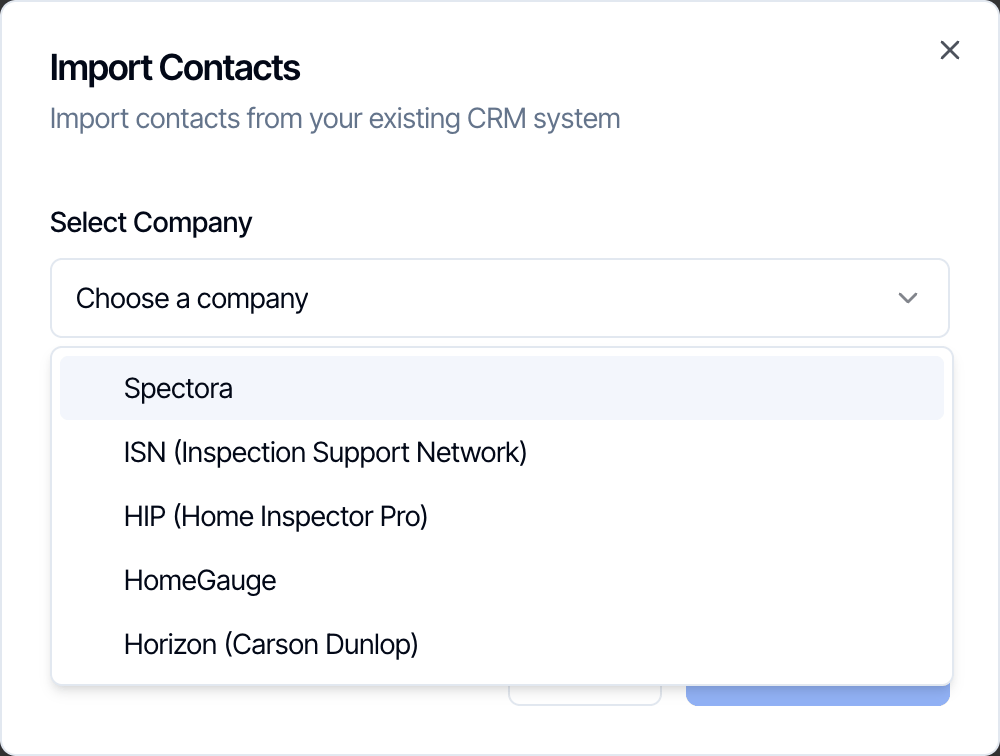 Import Contacts with the Select Company list open: Spectora, ISN (Inspection Support Network), HIP (Home Inspector Pro), HomeGauge, Horizon (Carson Dunlop)