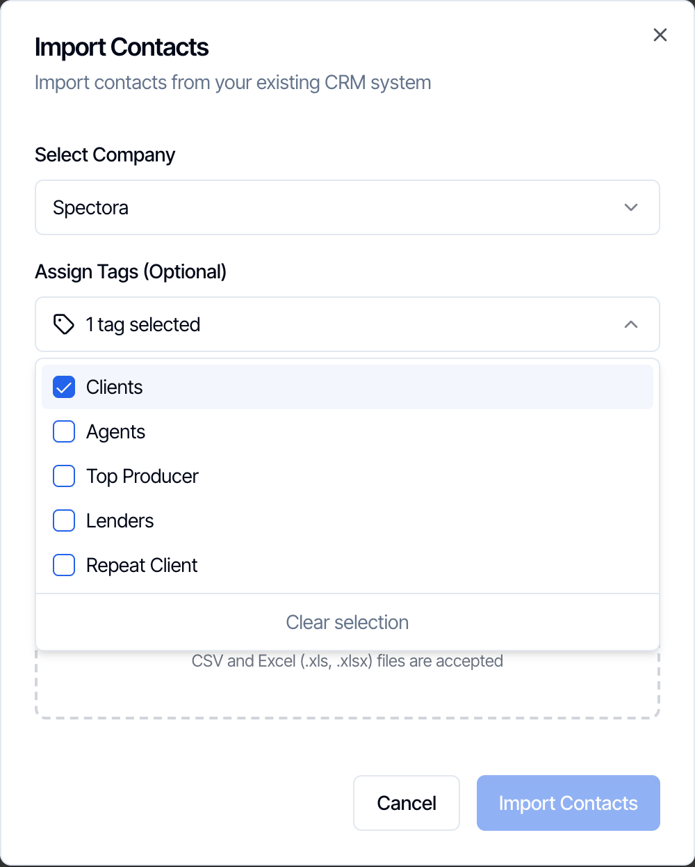 Assign Tags (Optional) open with Clients ticked, and Agents, Top Producer, Lenders and Repeat Client unticked