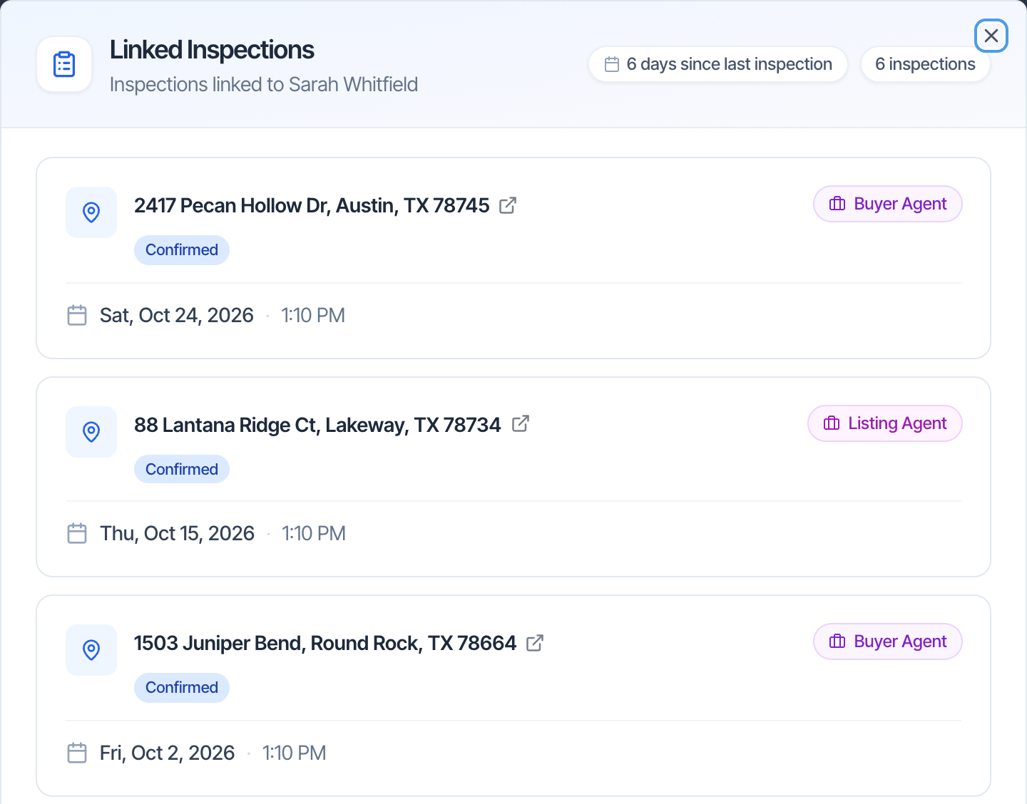 Linked Inspections for Sarah Whitfield: 6 days since last inspection, 6 inspections, then cards for each property with a Confirmed status, a Buyer Agent or Listing Agent badge, and the date and time