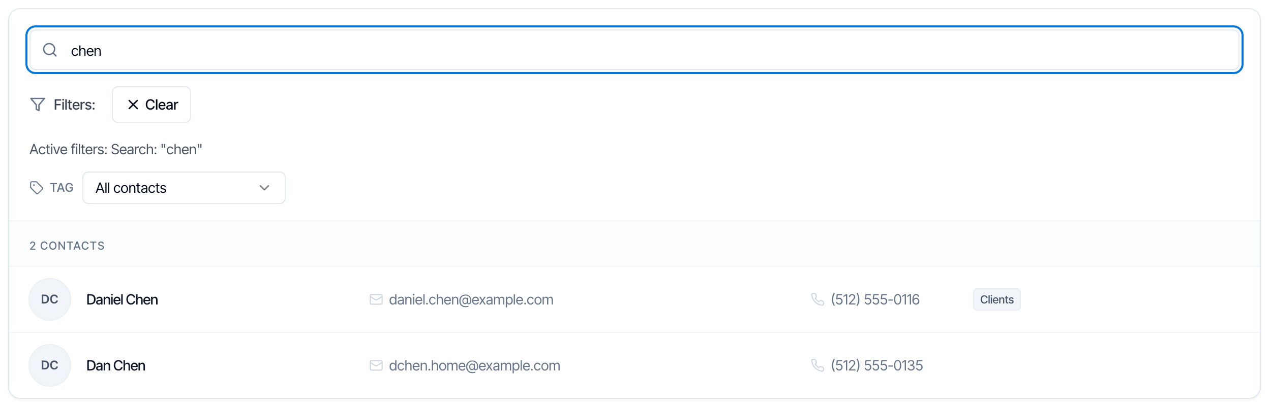 Search box with chen typed, Filters: Clear, Active filters: Search chen, and 2 contacts: Daniel Chen and Dan Chen