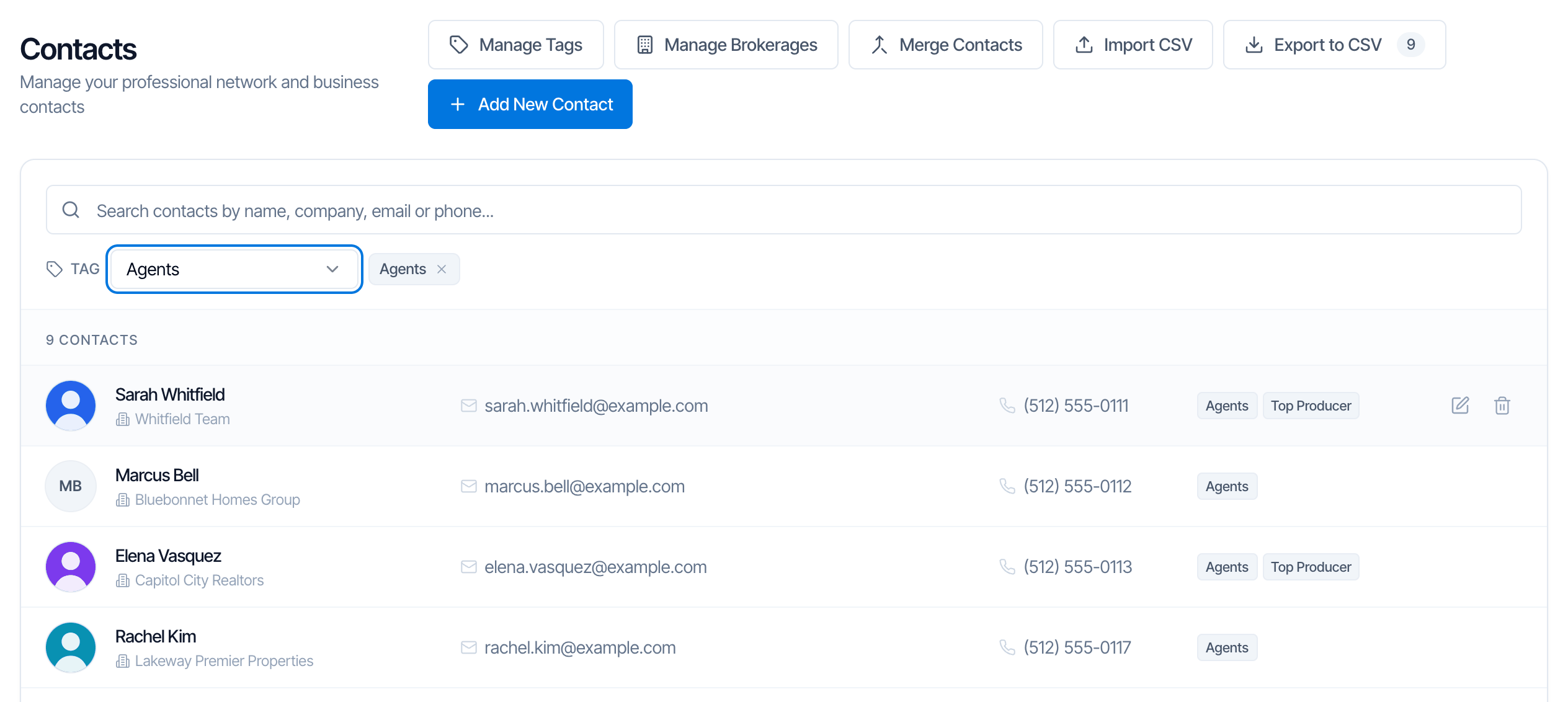 Contacts filtered to the Agents tag, with an Agents chip next to the menu, 9 contacts, and Export to CSV showing 9
