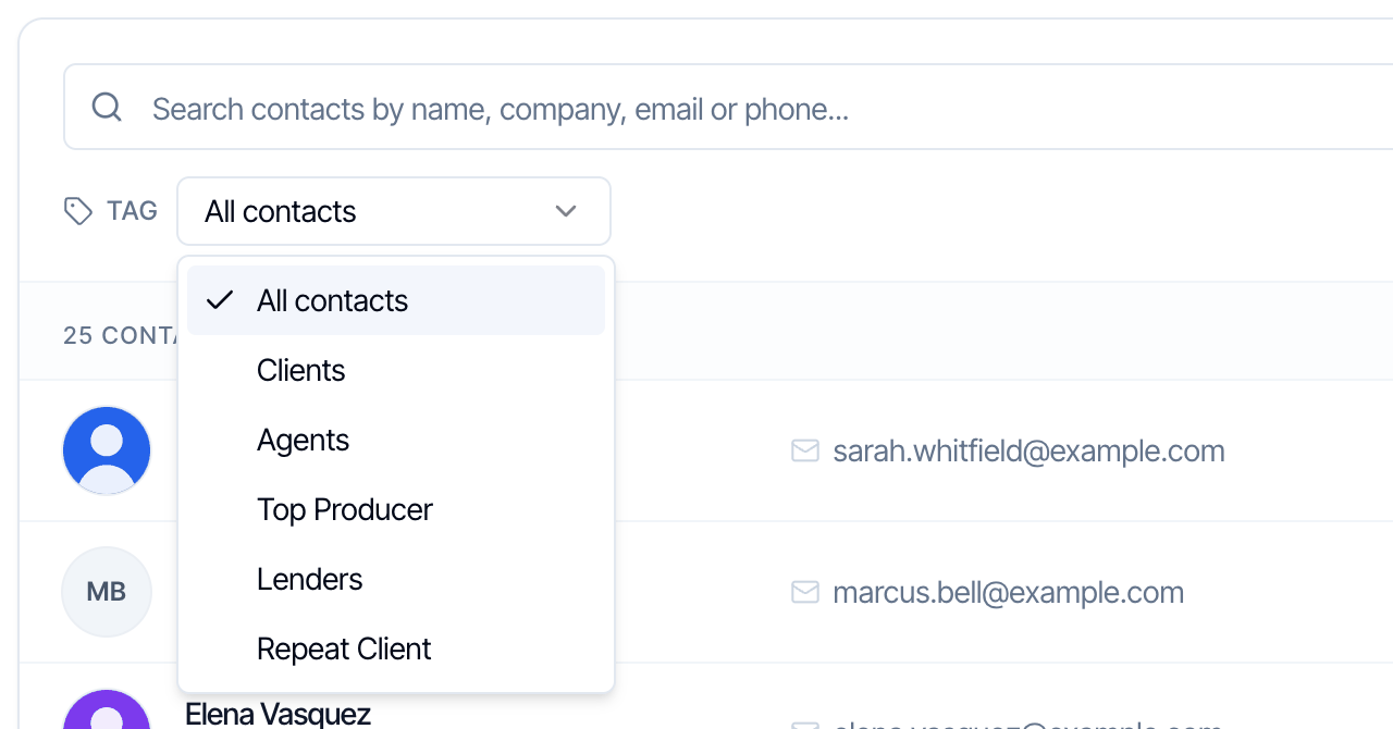 The Tag menu open with All contacts, Clients, Agents, Top Producer, Lenders and Repeat Client