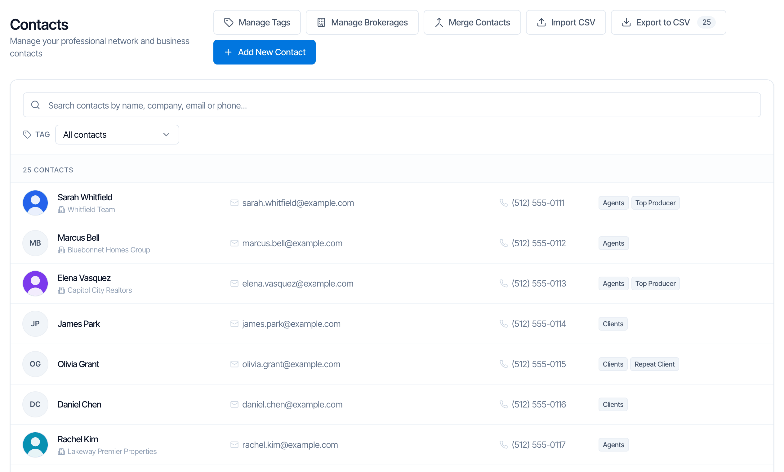 Contacts page with Manage Tags, Manage Brokerages, Merge Contacts, Import CSV, Export to CSV 25 and Add New Contact buttons, a search box, a Tag filter set to All contacts, 25 contacts, and rows showing photo or initials, name and business, email, phone and tags