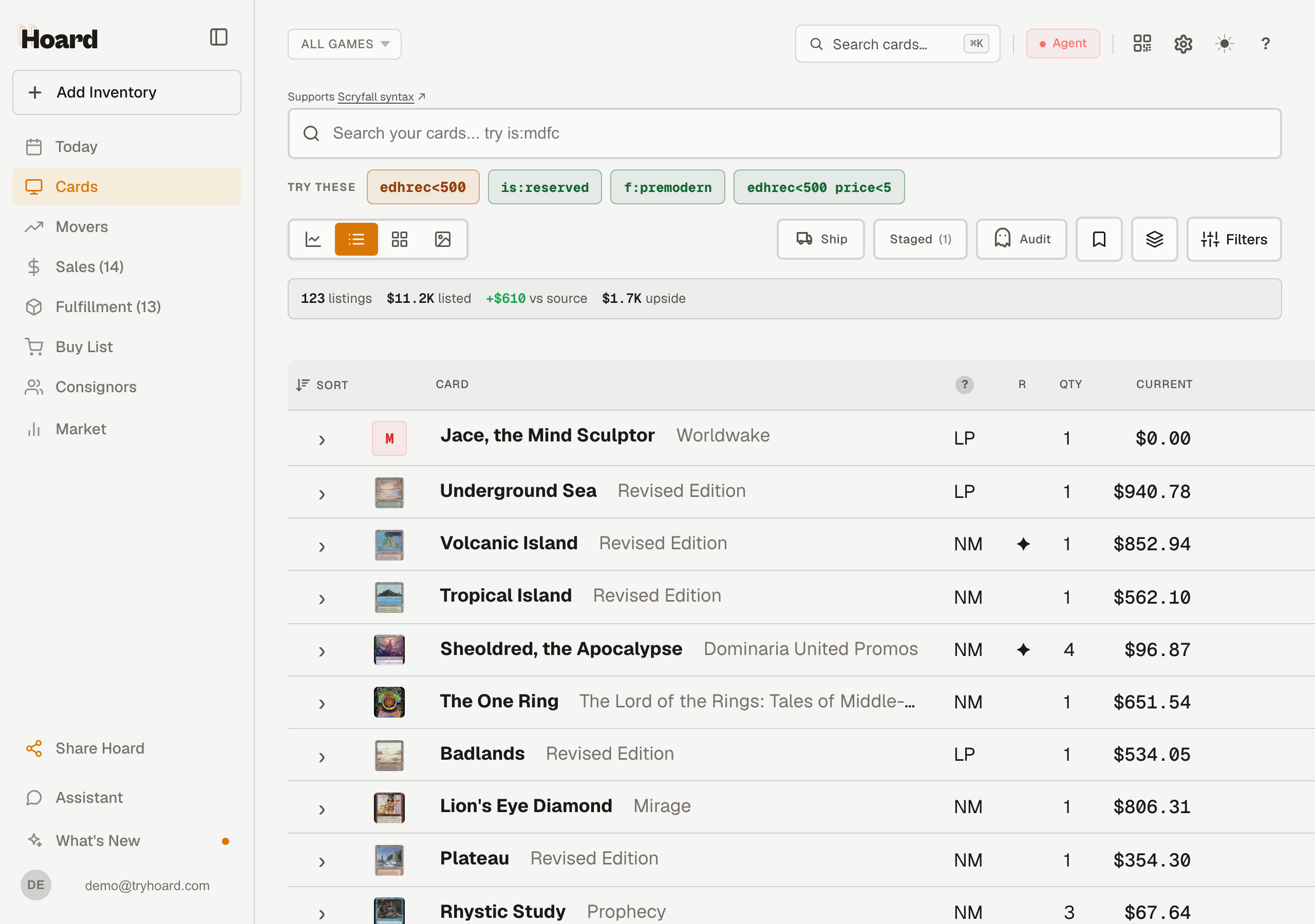 Cards tab showing the inventory table with condition, quantity, and current price columns, the search bar above it, and the sidebar on the left