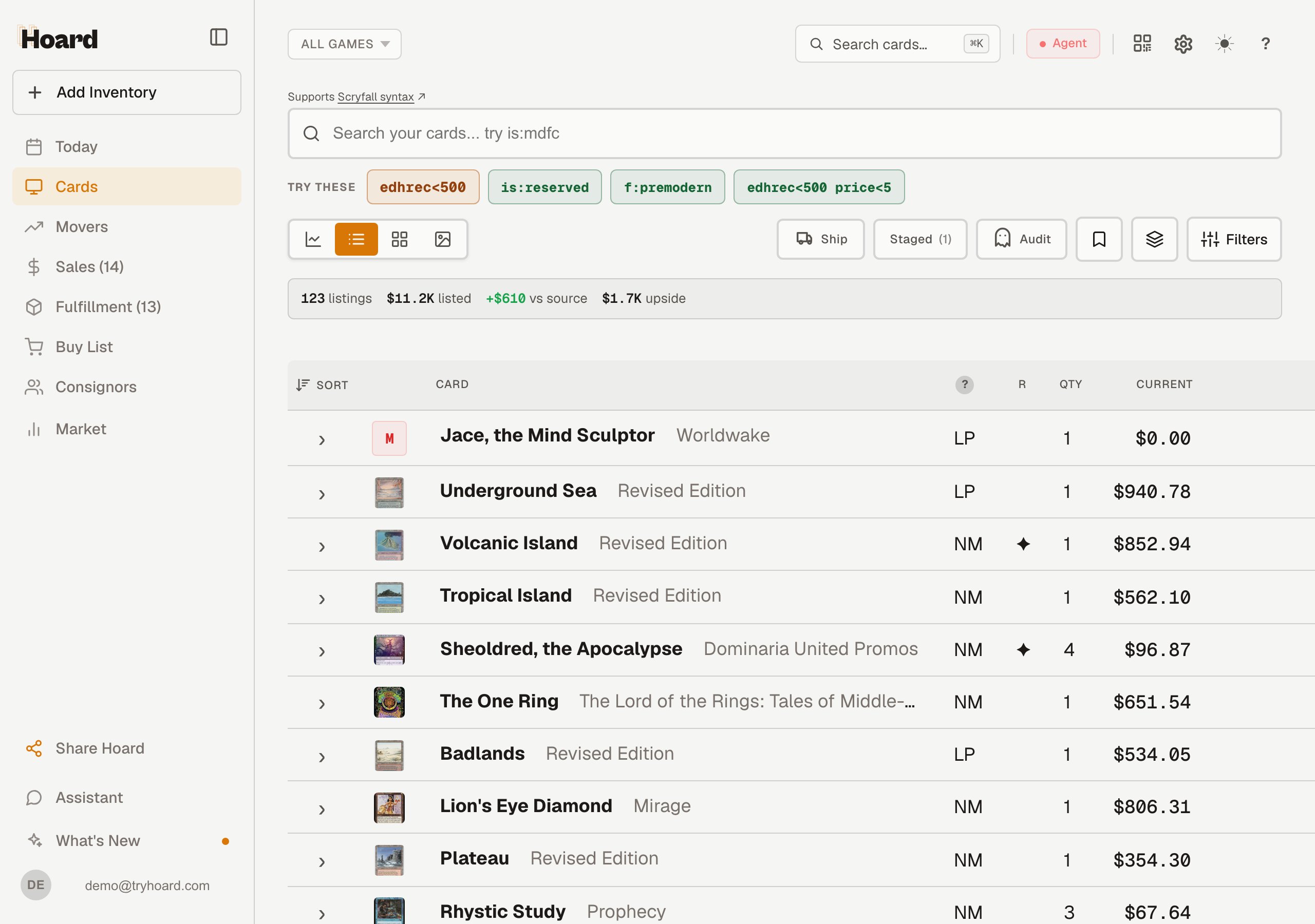 Cards tab showing the inventory table with condition, quantity, and current price columns, the search bar above it, and the sidebar on the left
