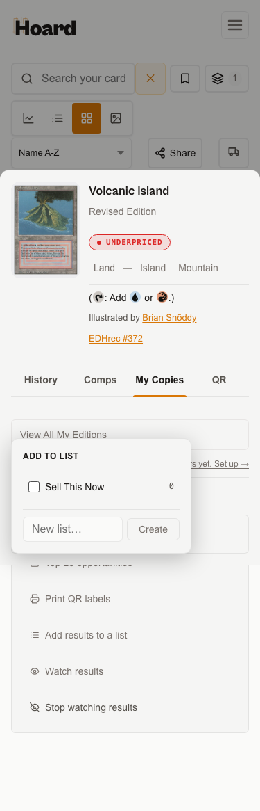 A card's detail panel with My Copies selected and the Add to list picker open