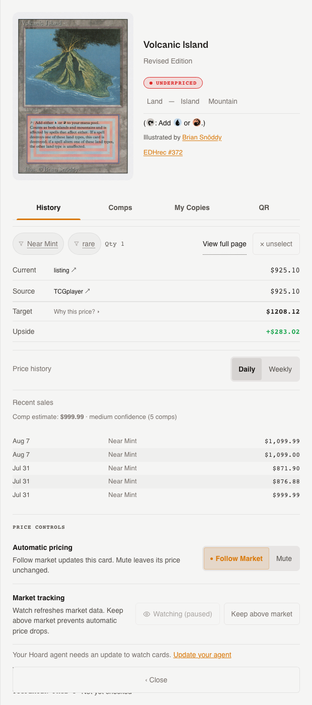 Current card detail panel showing card identity, unified section tabs, pricing history, recent sales, and Price controls