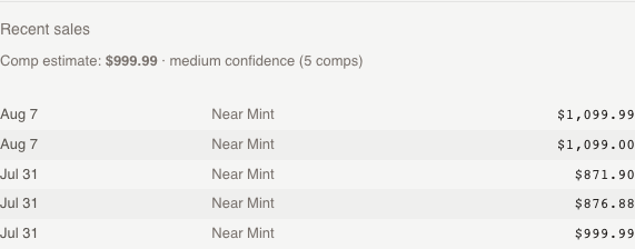 The consolidated Recent sales section showing a comp-estimate line and five sale rows with date, condition, and all-in price