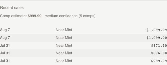 The consolidated Recent sales section showing a comp-estimate line and five sale rows with date, condition, and all-in price