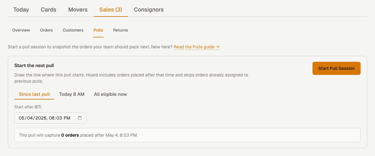 Sales > Pulls subtab showing the 'Read the Pulls guide' inline help link in the subtitle, the Start the next pull card with three start-after options, and the Start Pull Session button