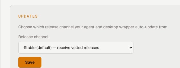 Updates section on Settings > Account showing the Release channel dropdown set to 'Stable (default) — receive vetted releases' with a Save button below it
