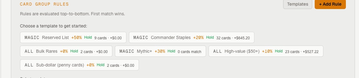 Card Group Rules section on Settings > Rules showing six rule chips with their Hold/markup state and matched-card counts, plus Templates and Add Rule buttons