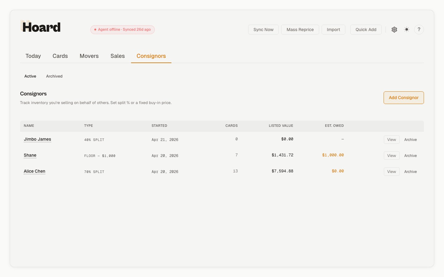 Consignors tab showing three consignors with card counts, values, and amounts owed