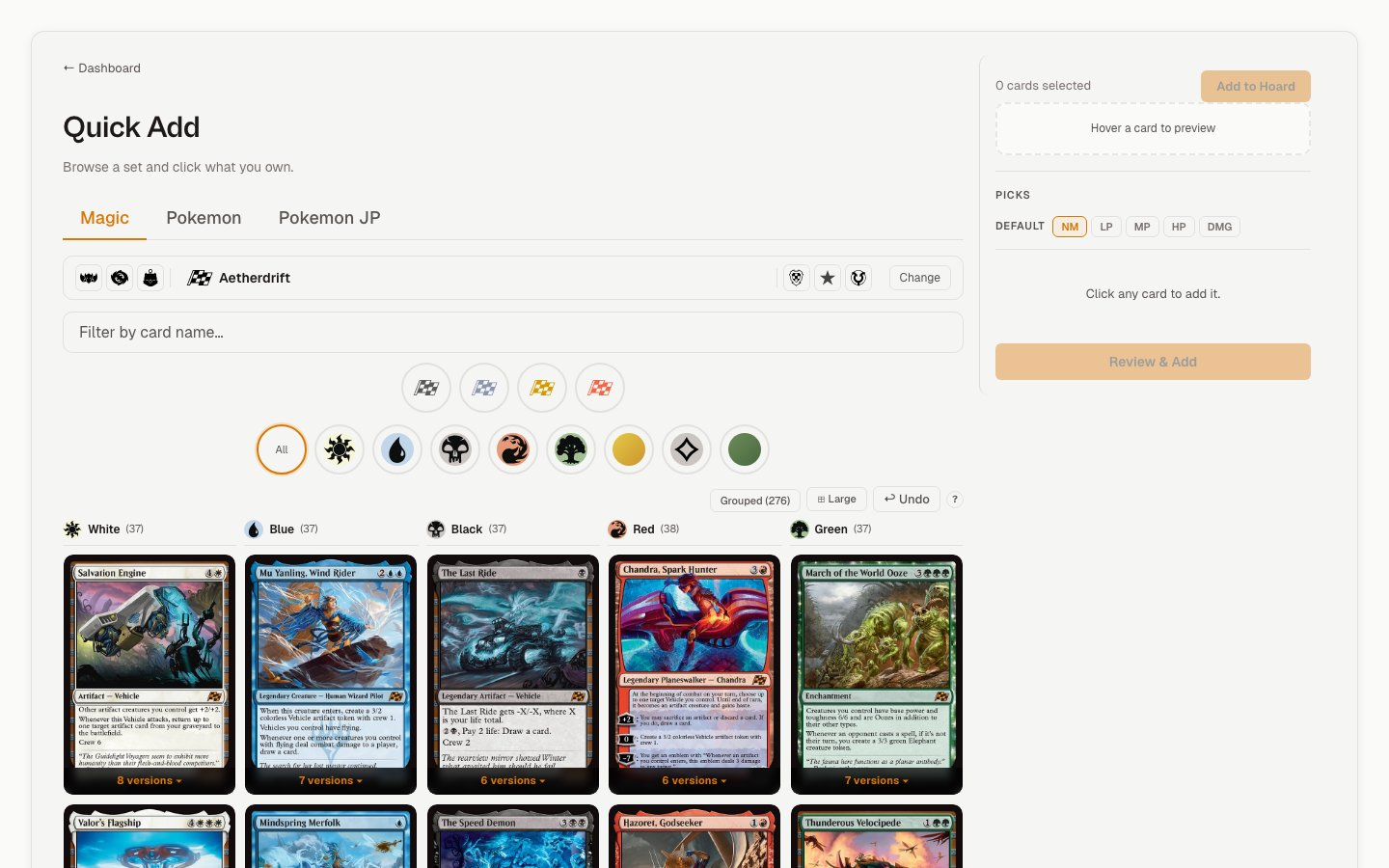 Quick Add card grid showing the WUBRG color column layout for a Magic set