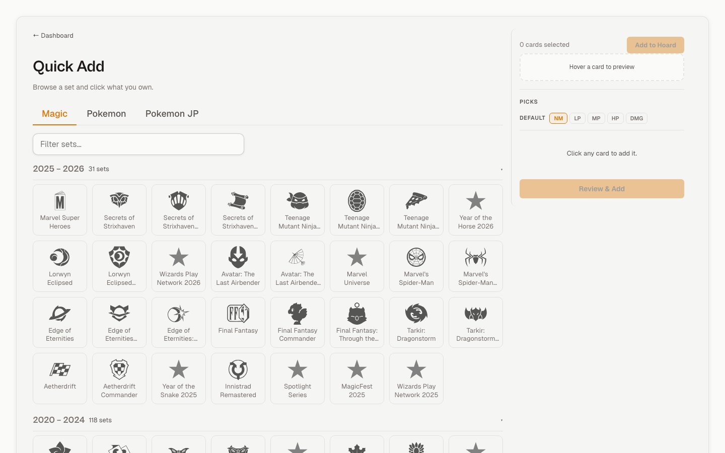 Quick Add page showing game tabs, set picker grouped by era, and the picks sidebar