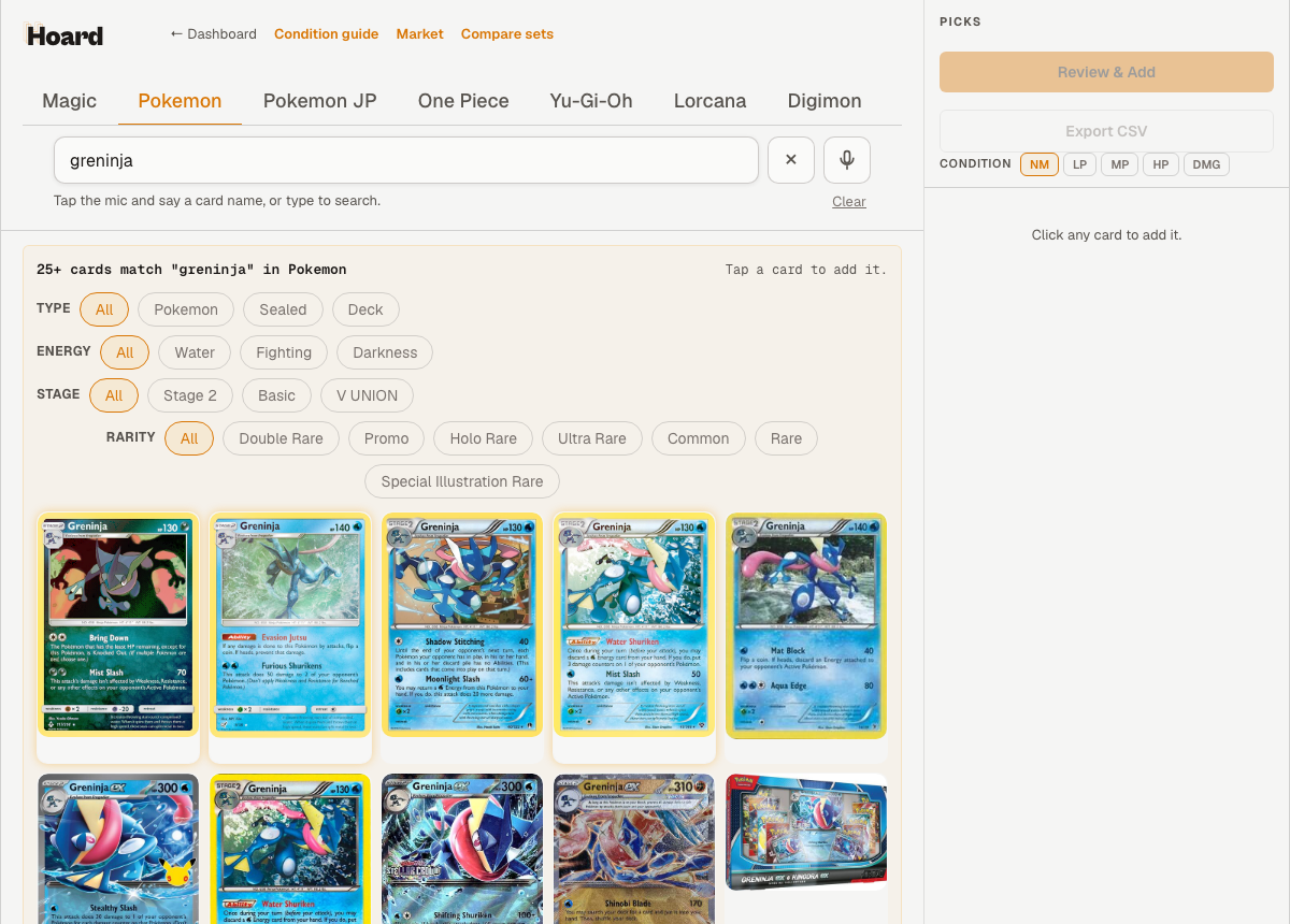 Quick Add card search for Greninja with filter chips for Type, Energy, Stage, and Rarity above a grid of card results