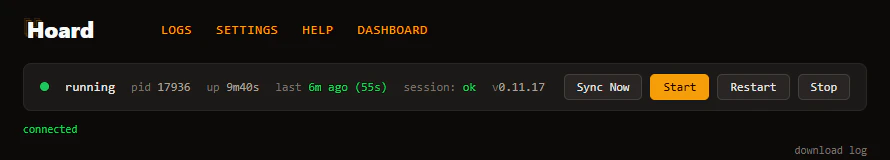 Hoard status bar with Sync Now, Start, Restart, and Stop buttons