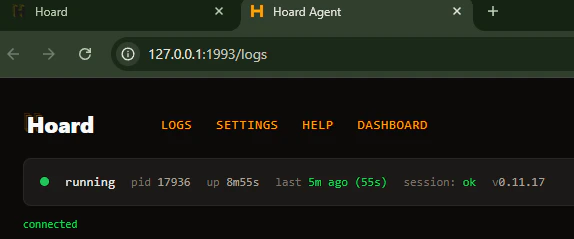 Hoard Desktop Agent page showing running status, session health, logs, and local navigation
