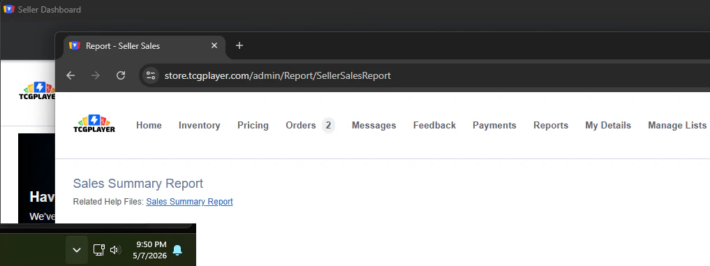 TCGplayer browser windows opened by Hoard while export and report steps run