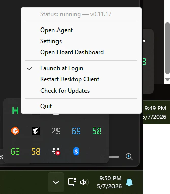 Hoard Desktop tray menu with Open Agent, Settings, Dashboard, Launch at Login, and update controls