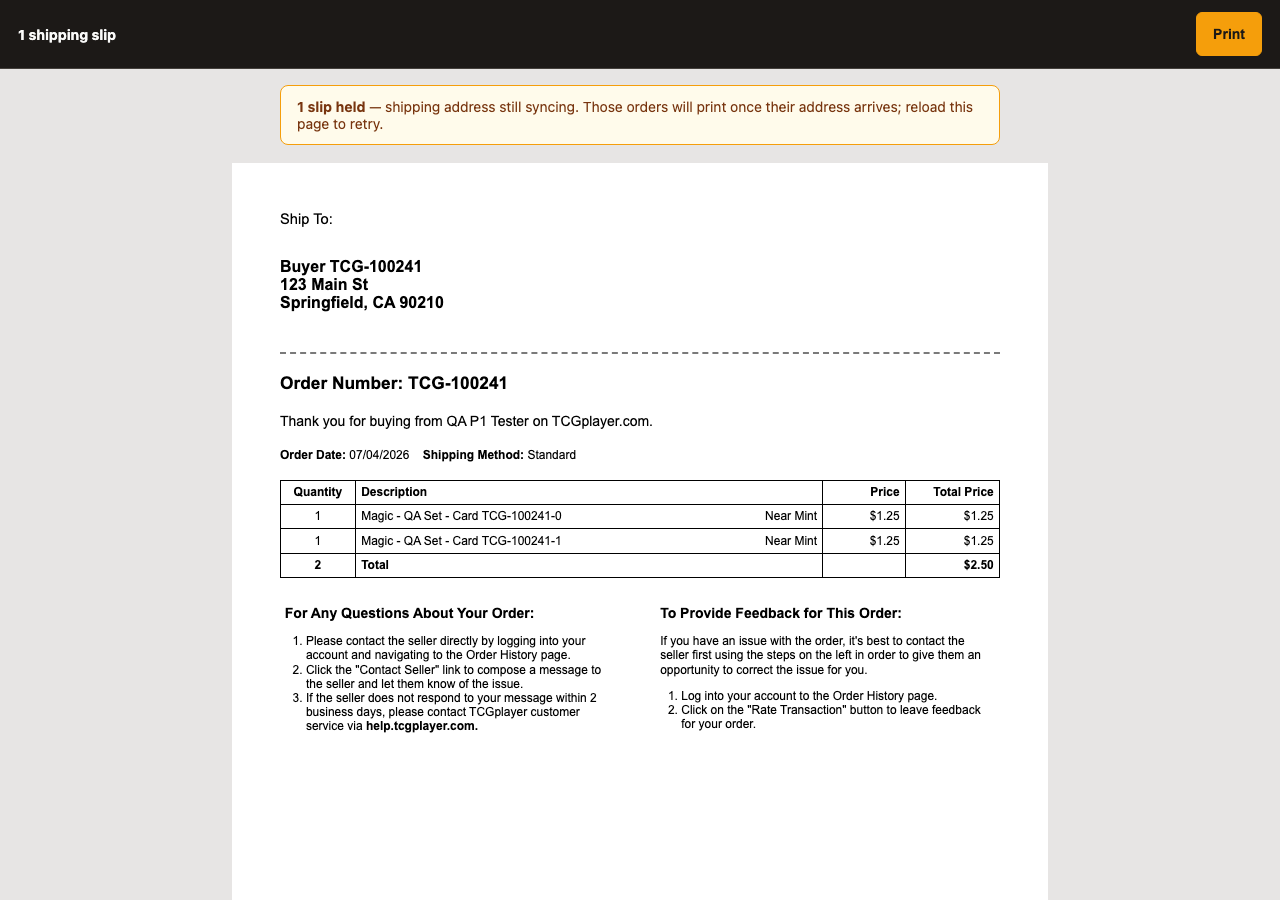 The shipping slips page printing one complete slip, with an amber notice at the top reading '1 slip held, shipping address still syncing' explaining that held orders will print once their address arrives