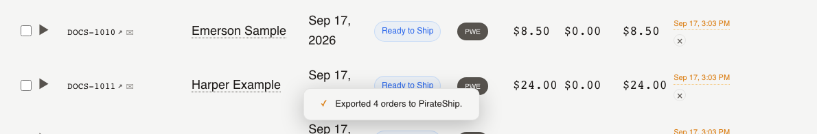 Orders tab Labels control with Export to PirateShip (CSV) and the export toast