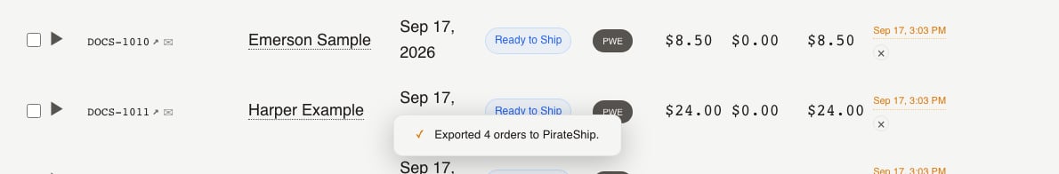 Orders tab Labels control with Export to PirateShip (CSV) and the export toast