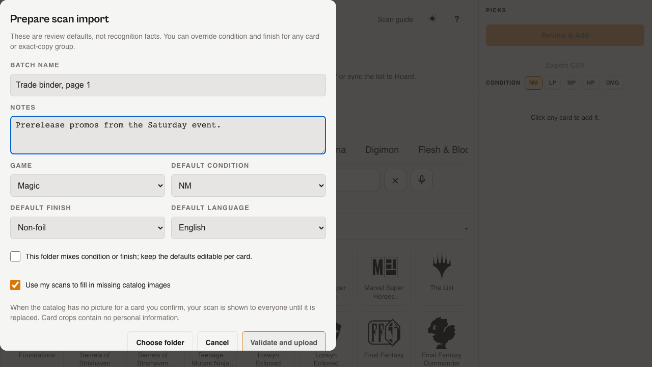 The Prepare scan import dialog filled in with a batch name, notes, game, condition, finish, and both checkboxes