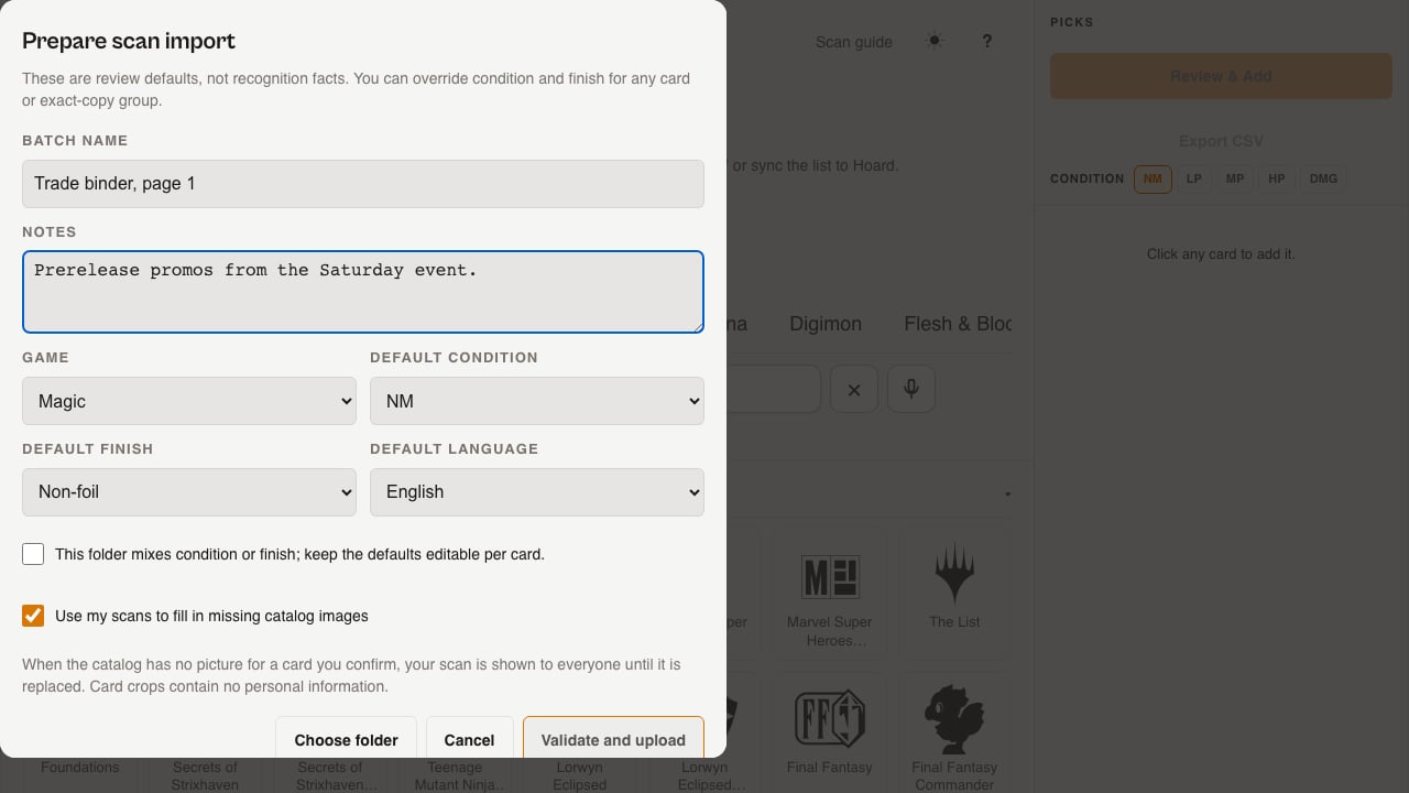 The Prepare scan import dialog filled in with a batch name, notes, game, condition, finish, and both checkboxes