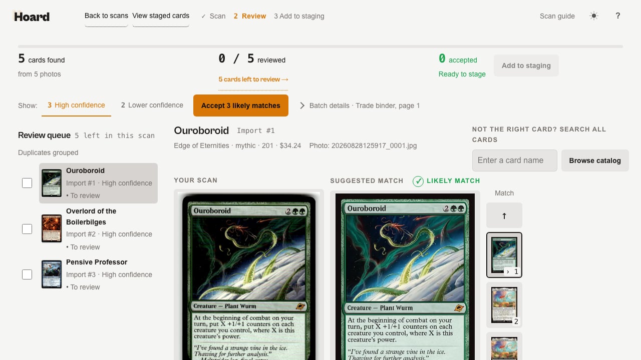 The High confidence filter active, with the queue showing only the three likely-match cards