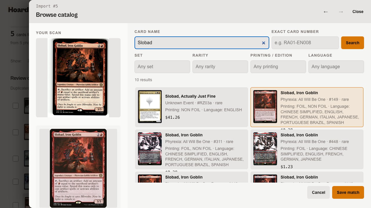 The Browse catalog inspector open for a scanned card, showing the scan, a results grid, and the selected printing