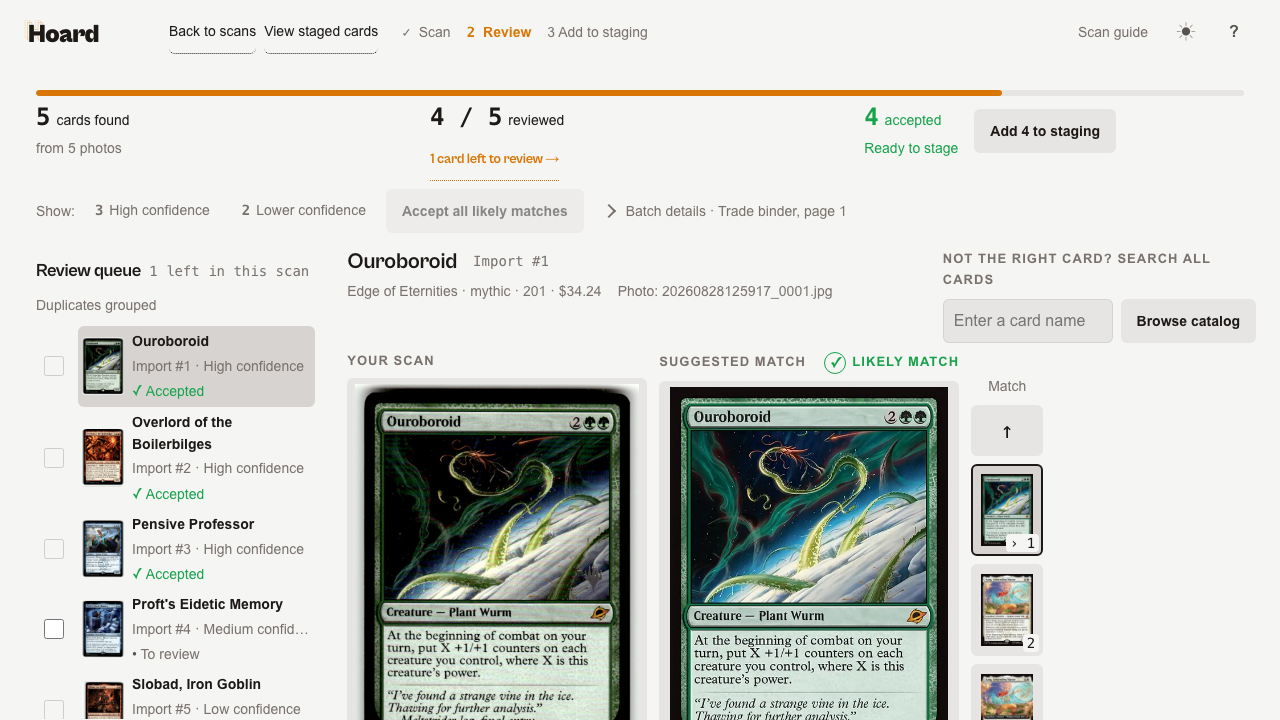 After accepting the likely matches, 4 of 5 cards reviewed, the queue showing three accepted rows and one still to review