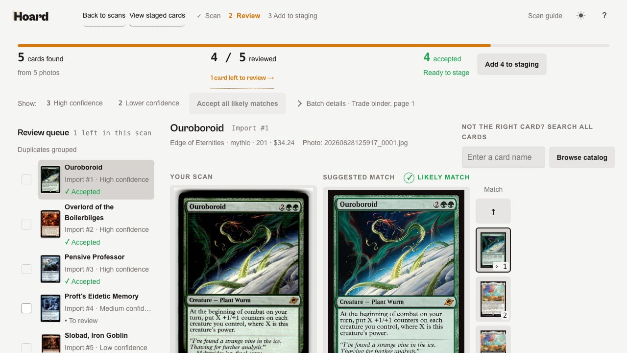 After accepting the likely matches, 4 of 5 cards reviewed, the queue showing three accepted rows and one still to review