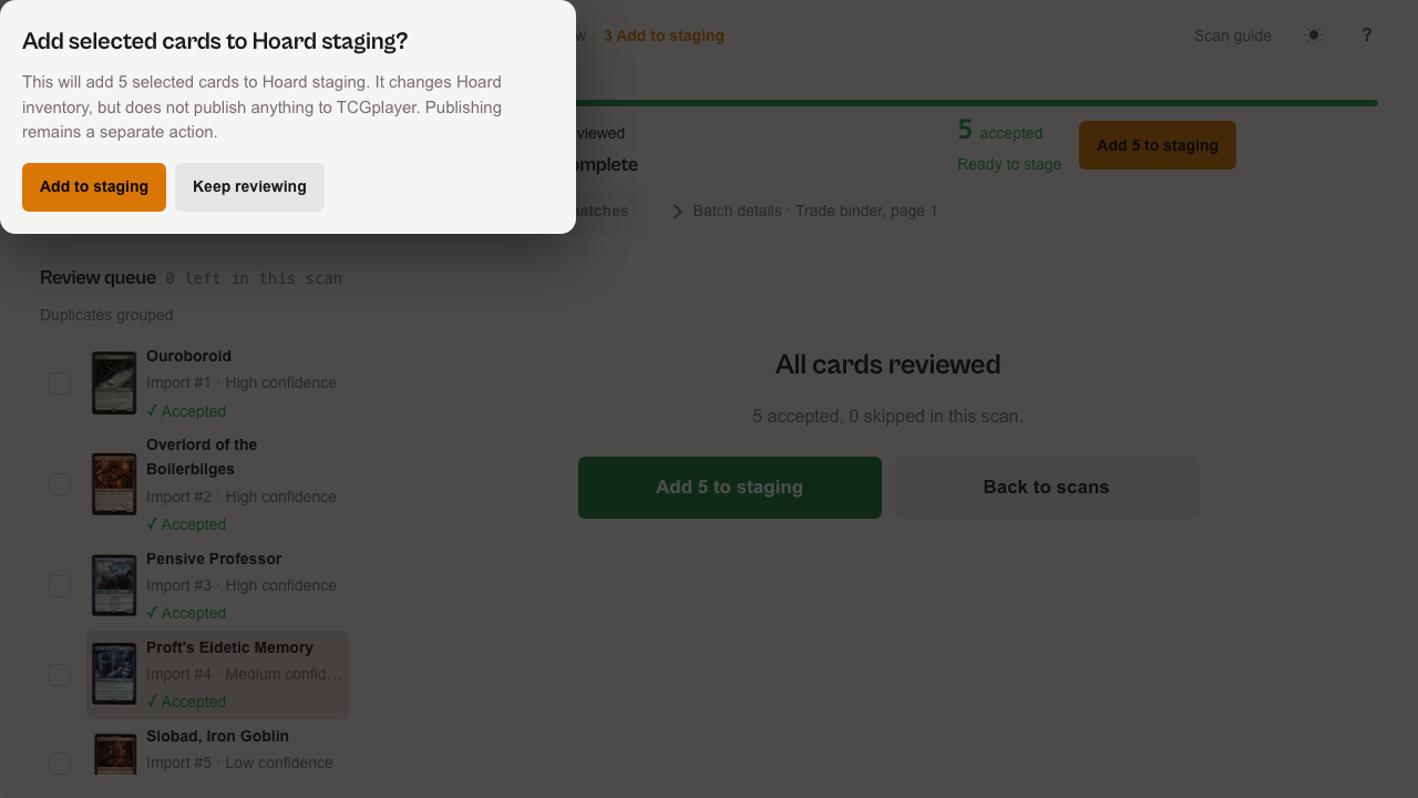 The Add selected cards to Hoard staging confirmation dialog