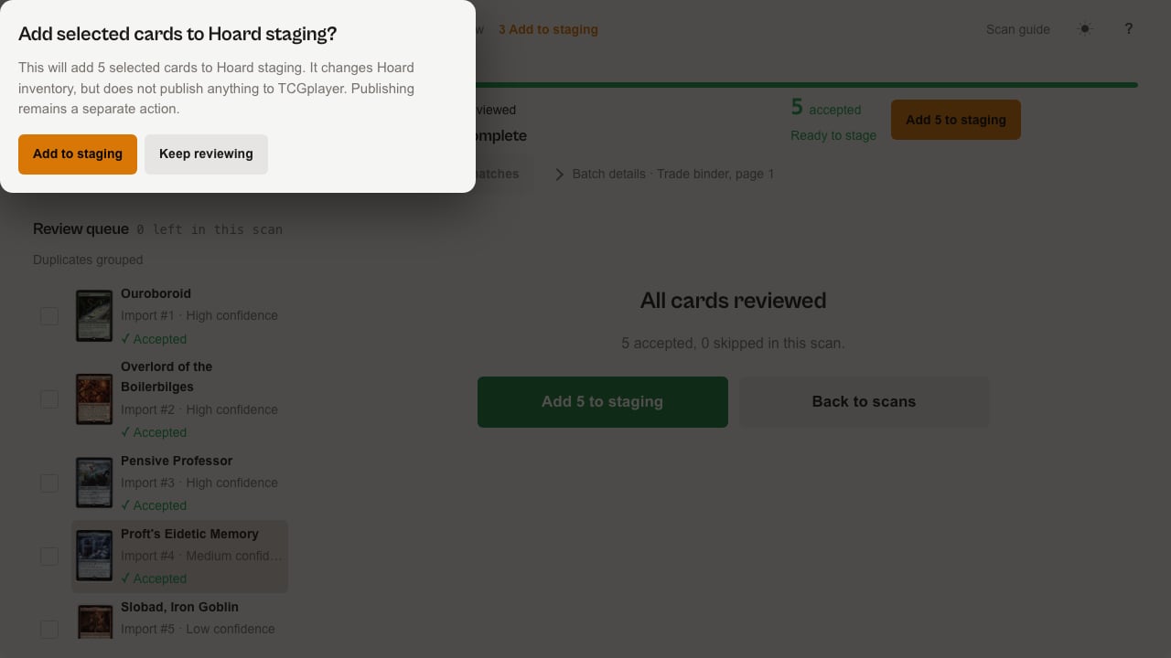The Add selected cards to Hoard staging confirmation dialog