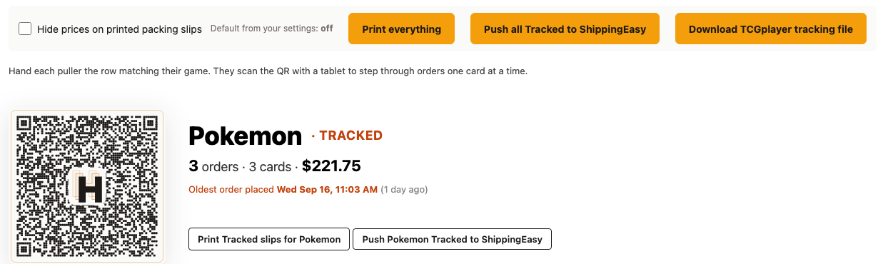 The top of the Visual Pull page with the Push all Tracked to ShippingEasy button