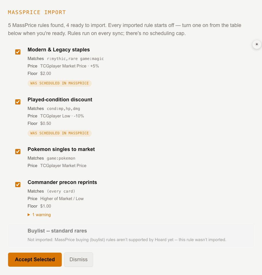 The MassPrice Import review card on Settings → Rules with five proposed rules, each showing its matches, price source and markup, floor, and a Was scheduled in MassPrice badge, plus a warning disclosure and a greyed-out skipped buylist rule
